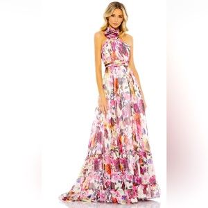New Mac Duggal ASYMMETRICAL RUFFLED HALTER FLORAL GOWN Size 6, ROSETTE AT NECK